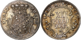 Pfalz/-Birkenfeld-Zweibrücken. 
Christian IV. 1735-1775. 12 Kreuzer 1759 M, Zweibrücken. Fürstenwappen. Us. endet ZWEYB&nbsp;/ LAND:MÜNZ. 4&nbsp;Z. W...