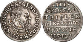 Preussen, Herzogtum (Ostpreußen). 
Albrecht v. Brandenburg 1525-1569. Dreigröscher 1540. Geharn. Brb. n.r.&nbsp;/ 6&nbsp;Z. Wert u. Jahr. Neum. 43, M...