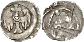 Regensburg, Bistum. 
Siegfried 1227-1246. Pfennig (um 1230/1240) 0,91g. Adler v.v., mit Kreuz / Herzog thront v.v. mit Banner und (Vogel) unsichtbar....