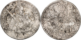 Sachsen, Albertinische Linie, nach 1547 Kurlinie. 
August 1553-1586. Reichstaler 1580 Dresden. Geharnischtes Hüftbild n.r. mit Schwert / Dreifach beh...