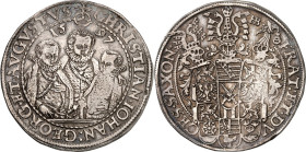 Sachsen, Albertinische Linie, nach 1547 Kurlinie. 
Christian II. u. s. Brüder unter Vormundschaft 1591-1602. Reichstaler 1597. Dresden. 3&nbsp;Brb. v...