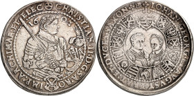 Sachsen, Albertinische Linie, nach 1547 Kurlinie. 
Christian II., Johann Georg I. u. August 1601-1611. Reichstaler 1602 Dresden. Geharn. Hüftbild n.r...