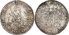 Sachsen, Albertinische Linie, nach 1547 Kurlinie. 
Johann Georg I. 1615-1656. Reichstaler 1636 S-D Hüftbild n.r. / Sechsfach behelmtes Wappen. Slg.Me...
