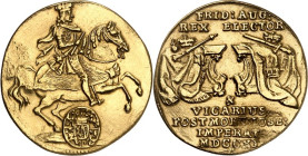Sachsen, Albertinische Linie, nach 1547 Kurlinie. 
Friedrich August I. 1694-1733. Dukat 1711 auf das Vikariat. Kurfürst reitet n.r. / 2 Tische mit In...