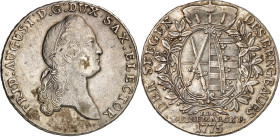 Sachsen, Albertinische Linie, nach 1547 Kurlinie. 
Friedrich August III. 1763-1806(-1827). Konv.-Ausbeutetaler 1775 E.D.C. Dresden Kopf n.r. / Wappen...