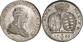 Sachsen, Albertinische Linie, nach 1547 Kurlinie. 
Friedrich August III. 1763-1806(-1827). 2/3 Taler (1/2 Konv.-Taler) 1765 E.D.C. Dresden. Geharn. B...
