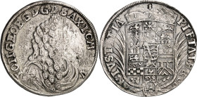 Sachsen/-Eisenach. 
Johann Georg II. 1686-1698. 2/3 Taler 1690 Brb. n.r. / Wappen unter Herzogshut zwischen Zweigen, darunter Jahreszahl, kein Mmz. S...