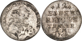 Sachsen/-Hildburghausen. 
Ernst Friedrich III. Karl 1745-1780. 1/12 Taler 1760 Brb. n. r. / 6 Z. Wert und Jahr, mit S:M:. Hollm.&nbsp; 92, Slg.Merseb...