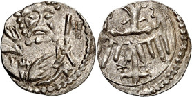 Schlesien/-Liegnitz, Stadt. 
Heller o.J.(ab 1430) 0,27g Brustbild des Petrus v.v./Adler. Fbg. 588, Saurma 182. . 

vz