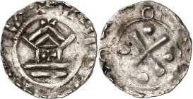 Speyer-Reichsmünzstätte. 
Otto II./III. 973-983-1002. Pfennig 1,35g. Fußkreuz mit je einer Kugel in den Winkeln + OTTO RP / .] Kirchengebäude; im Inn...