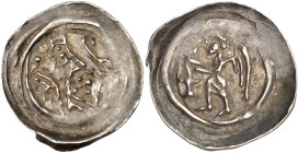Strassburg, Bistum. 
Berthold von Teck 1223-1244. Pfennig 0,55g. Brustbild mit segnender Rechten und Krummstab n.l. / Engel geht n.links. Nessel&nbsp...
