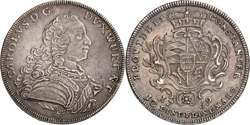 Württemberg. 
Karl Eugen 1744-1793. Konv.-Taler 1769 Brb. n.r. / Gekröntes Wapp...