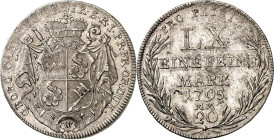 Würzburg, Bistum.
Georg Karl von Fechenbach 1795-1802. 20&nbsp;Konv.-Kreuzer 1795 Kontribution. Wappen auf Fürstenmantel&nbsp;/ 6&nbsp;Z. Wert, Jahr ...