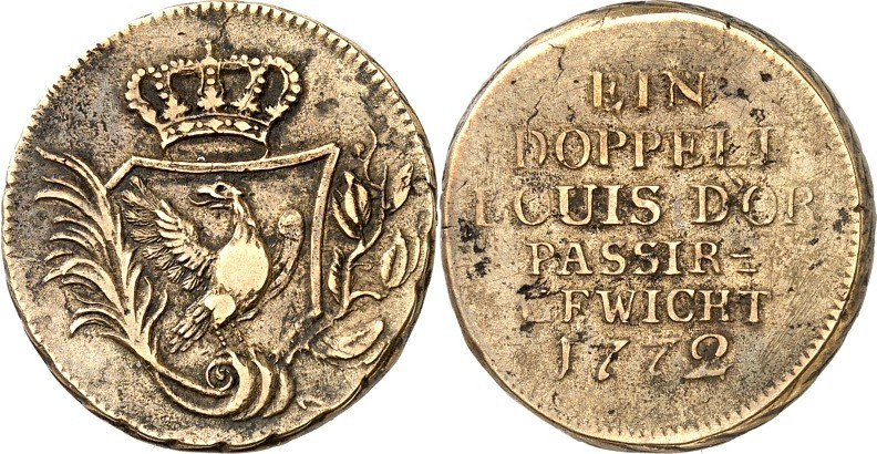Deutsche Gebiete. 
PREUSSEN. 
Gewichte. 2 Louis d'or 1772 Me. Old. 499, Tewes ...