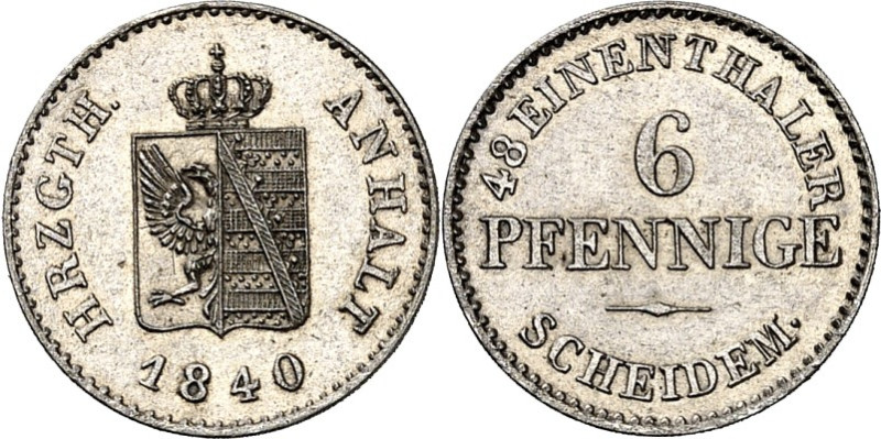 Anhalt/-Köthen. 
Heinrich 1830-1847. 6 Pfennige 1840. AKS 24, J. 62. . 

St