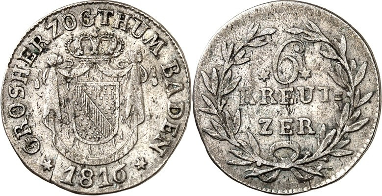 Baden. 
Carl Ludwig Friedrich 1811-1818. 6 Kreuzer 1816. AKS 28, J. 19a. . 

...