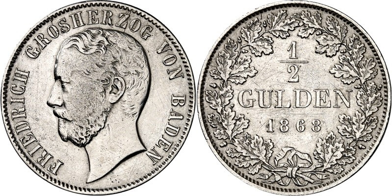 Baden. 
Friedrich I. 1856-1907. 1/2 Gulden 1868. AKS 128, J. 83. . 

berieben...