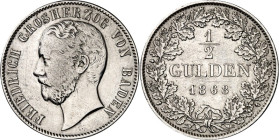 Baden. 
Friedrich I. 1856-1907. 1/2 Gulden 1868. AKS 128, J. 83. . 

berieben, ss