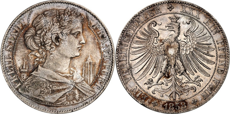 Frankfurt. 
Vereinstaler 1858 Francofurtia (Eschenheimer Tor mit Nebendächern)....