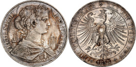 Frankfurt. 
Vereinstaler 1858 Francofurtia (Eschenheimer Tor mit Nebendächern). AKS 7, J. 40, Th. 141. . 

ss+