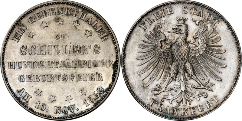 Frankfurt. 
Vereinstaler 1859 Schiller. AKS 43, J. 50, Th. 139. . 

vz+