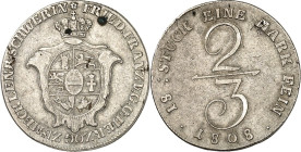 Mecklenburg/-Schwerin. 
Friedrich Franz I. (1785-)1806-1837. 2/3 Taler 1808. AKS 6, J. 20a. . 

kl.Flecken u.Schrf.,ss