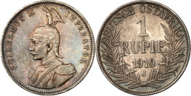 NEBENGEBIETE UND KOLONIEN. 
DEUTSCH-OSTAFRIKA. 
1 Rupie 1910J Wilhelm II. J. 722. . 

feine dunkle Patina, vz