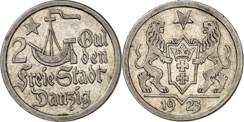 NEBENGEBIETE UND KOLONIEN. 
FREIE STADT DANZIG. 
2 Gulden 1923 Ag. J. D8. . 
...