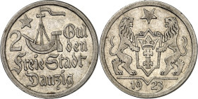 NEBENGEBIETE UND KOLONIEN. 
FREIE STADT DANZIG. 
2 Gulden 1923 Ag. J. D8. . 

ss-vz