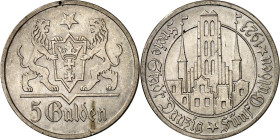 NEBENGEBIETE UND KOLONIEN. 
FREIE STADT DANZIG. 
5 Gulden 1923 Ag, Marienkirche. J. D.9. . 

vz