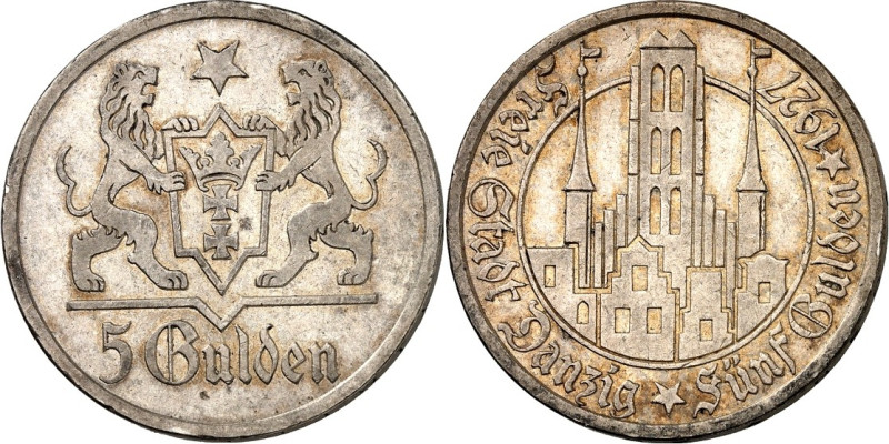 NEBENGEBIETE UND KOLONIEN. 
FREIE STADT DANZIG. 
5 Gulden 1927 Ag, Marienkirch...