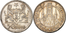 NEBENGEBIETE UND KOLONIEN. 
FREIE STADT DANZIG. 
5 Gulden 1927 Ag, Marienkirche. J. D.9. . 

vz