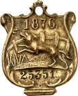 STÄDTENOTMÜNZEN UND /-MARKEN. 
STÄDTE. 
Berlin. Hundemarke 1876 (o. Sign., F. Reinhold) Messingblech-37x30mm. Hasselm. 258.1876. 

vz