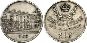 STÄDTENOTMÜNZEN UND /-MARKEN. 
SCHLESIEN. 
BAD SALZBRUNN Kur-/Trinkmarke 1903 (b. Lauer) d. Kronen-Quelle. Perspekt. Gebäudeansicht / Krone über Lor...