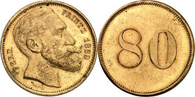 PRIVATNOTMÜNZEN UND/-MARKEN. 
DEUTSCHLAND. 
Berlin, Ferd. Printz, Brauerei. 80 [Jahre/Pfennig] 1889 Kopf n.r. / Wert. Messing-30mm. Hasselmann 437. ...