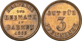 PRIVATNOTMÜNZEN UND/-MARKEN. 
DEUTSCHLAND. 
Wuppertal. Lot Barmen (Rhld.) Herberge zur Heimath. 3 Pf. 1865 Me. M.677.1;1425, Vohwinkel (Wuppertal) M...