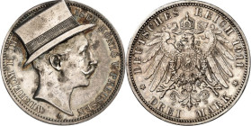 ALTDEUTSCHE LÄNDER und ADEL, 1806-1918. 
PREUSSEN Kgr.. 
Wilhelm II. 1888-1918. Satirische Münze 1911 3 Mark Wilhelm II. mit aufgelötetem Zylinder. ...