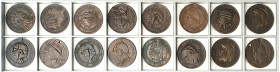 EUROPA. 
FRANKREICH. 
Napoleon III. 1852-1870. LOT Spottmünzen, -medaillen Cu-10 Cent., 5 u. 1x2 Cent., umgravierte Kursmünzen, Napoleon III. mit Pi...
