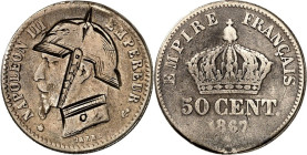 EUROPA. 
FRANKREICH. 
Napoleon III. 1852-1870. Spottmünze 50 Centimes 1867 Kopf n.l. mit nachträglich gravierter Pickelhaube. Ag-18mm. MZ 80, vgl. 3...
