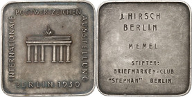 STÄDTE. 
DEUTSCHE STÄDTE. 
BERLIN. Preisplakette 1930 (o. Sign.) d. Int. Postwertzeichen-Ausst. Brandenburger Tor / Widmungsinschrift in 6 Z: J. HIR...