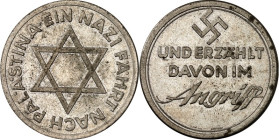 RELIGION UND ETHIK. 
JUDAICA. 
NS- ZEIT. Medaille o.J. (1934) (v. L. Chr. Lauer) Davidstern, Umschr. EIN NAZI FÄHRT NACH PALÄSTINA / 3 Z. unter Swas...
