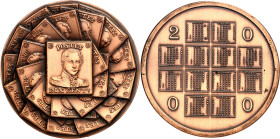 RELIGION UND ETHIK. 
KALENDER- u. JAHRESMEDAILLEN. 
Medaille 2000 (v. Mauquoy) das Rund füllende belgische Briefmarken zu Dix Cents mit d. Bildnis K...