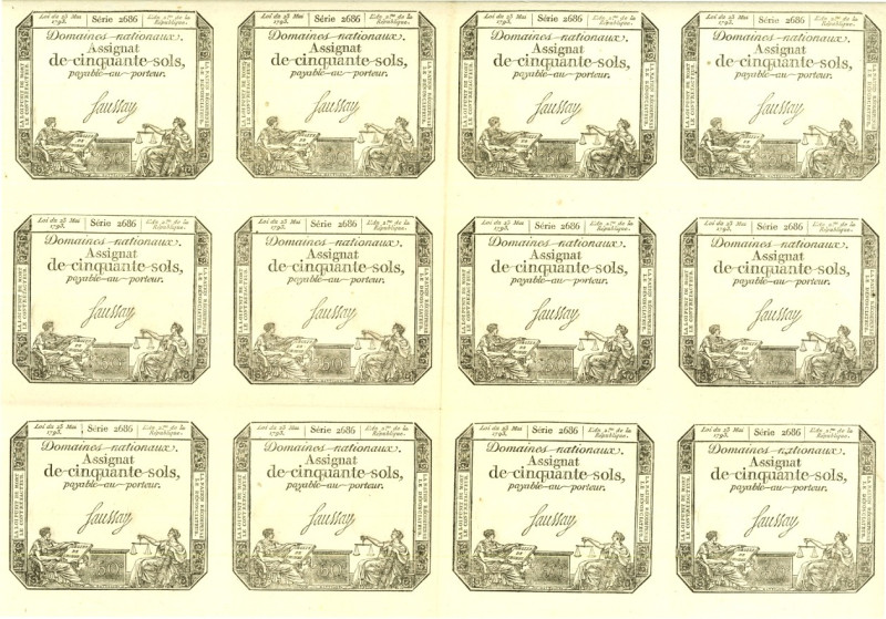 FRANKREICH. 
Assignaten. 
50 Sols 4.1.1792 20er Bogen eine Unterschrift, Bogen...