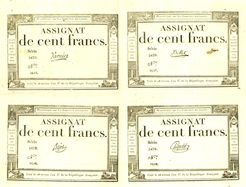 FRANKREICH. 
Assignaten. 
100 Francs 7.1.1795 18 Nivose An III 4er-Bogen mit 4...