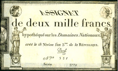 FRANKREICH. 
Assignaten. 
2000 Francs 7.1.1795 18 Nivose An III Us. Coipel,Duval. Pi. A81. . 

aufgezogen,III,IV,
