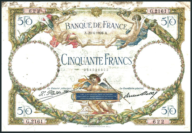 FRANKREICH. 
III. Republik -. 
50 Francs 20.4.1928. Pick&nbsp; 77a. . 

flec...
