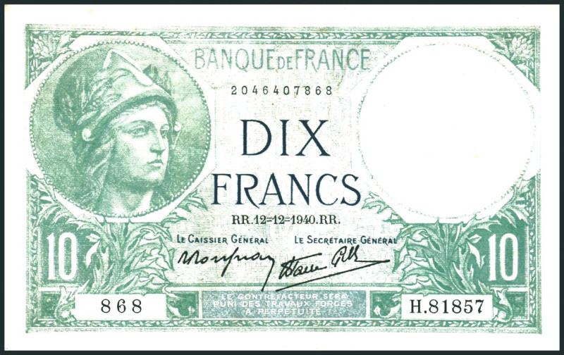 FRANKREICH. 
III. Republik -. 
10 Francs 12.12.1940. Pick&nbsp; 84. . 

III