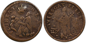 Undated (ca. 1652-1674) St. Patrick Farthing. Martin 1a.1-Ca.4, W-11500. Rarity-7. Copper. Nothing Below King. VF-25 (PCGS).
78.2 grains. Pale golden...