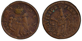 Undated (ca. 1652-1674) St. Patrick Farthing. Martin 1c.3-Ca.5, W-11500. Rarity-6+. Copper. Nothing Below King. VF-35 (PCGS).
77.6 grains. A strong e...