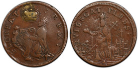 Undated (ca. 1652-1674) St. Patrick Farthing. Martin 1c.13-Da.1, W-11500. Rarity-6+. Copper. Nothing Below King. EF-45 (PCGS).
81.7 grains. An outsta...
